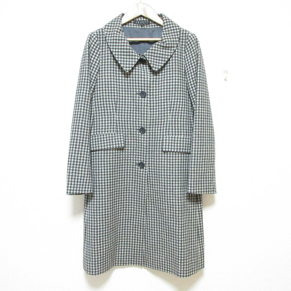 【中古】 美品 Theory セオリー チェック ウール ステンカラーコート 2 ダークグレー×アイボリー レディース Luxs ブランド古着のリュクス