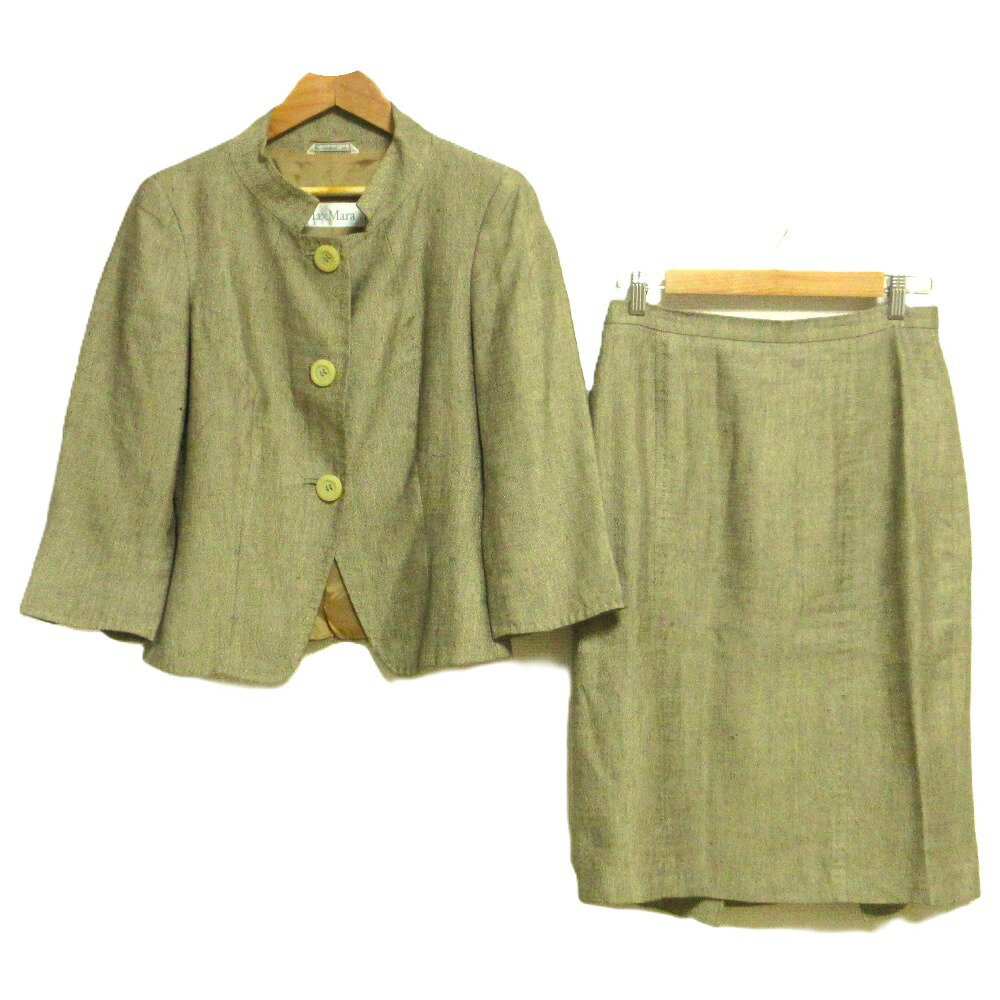 【中古】 クリーニング済み 美品 Max Mara マックスマーラ リネン スタンドカラージャケット+ひざ丈スカート スーツ セットアップ 40 グレー系 レディース Luxs ブランド古着のリュクス