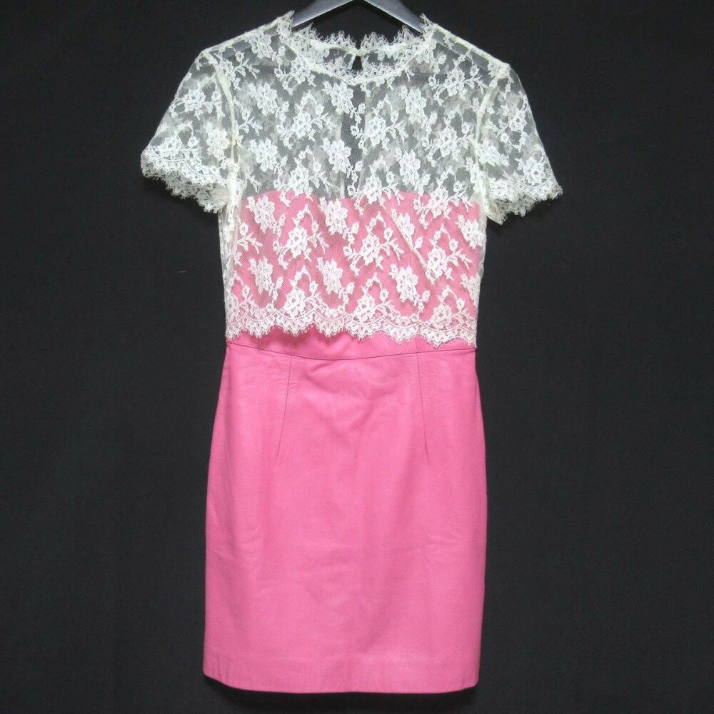 【中古】 美品 VALENTINO ヴァレンティノ ひざ上丈 ミニ丈 レース×ラムレザー ショートスリーブ ドッキング ドレス ワンピース 40 ピンク レディース Luxs ブランド古着のリュクス