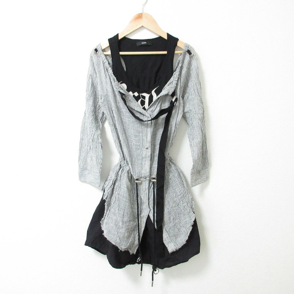 【中古】 未使用 DIESEL ディーゼル ストライプ柄 ロゴ レイヤード 長袖シャツ+ノースリーブ ドッキング チュニック ワンピース S グレー×ブラック レディース Luxs ブランド古着のリュクス