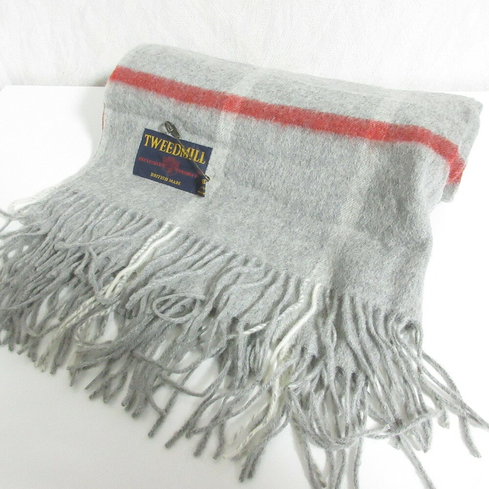 【中古】 美品 TWEEDMILL ツイードミル BRITISH MADE チェック ウール ロングマフラー ストール グレー メンズ レディース Luxs ブランド古着のリュクス