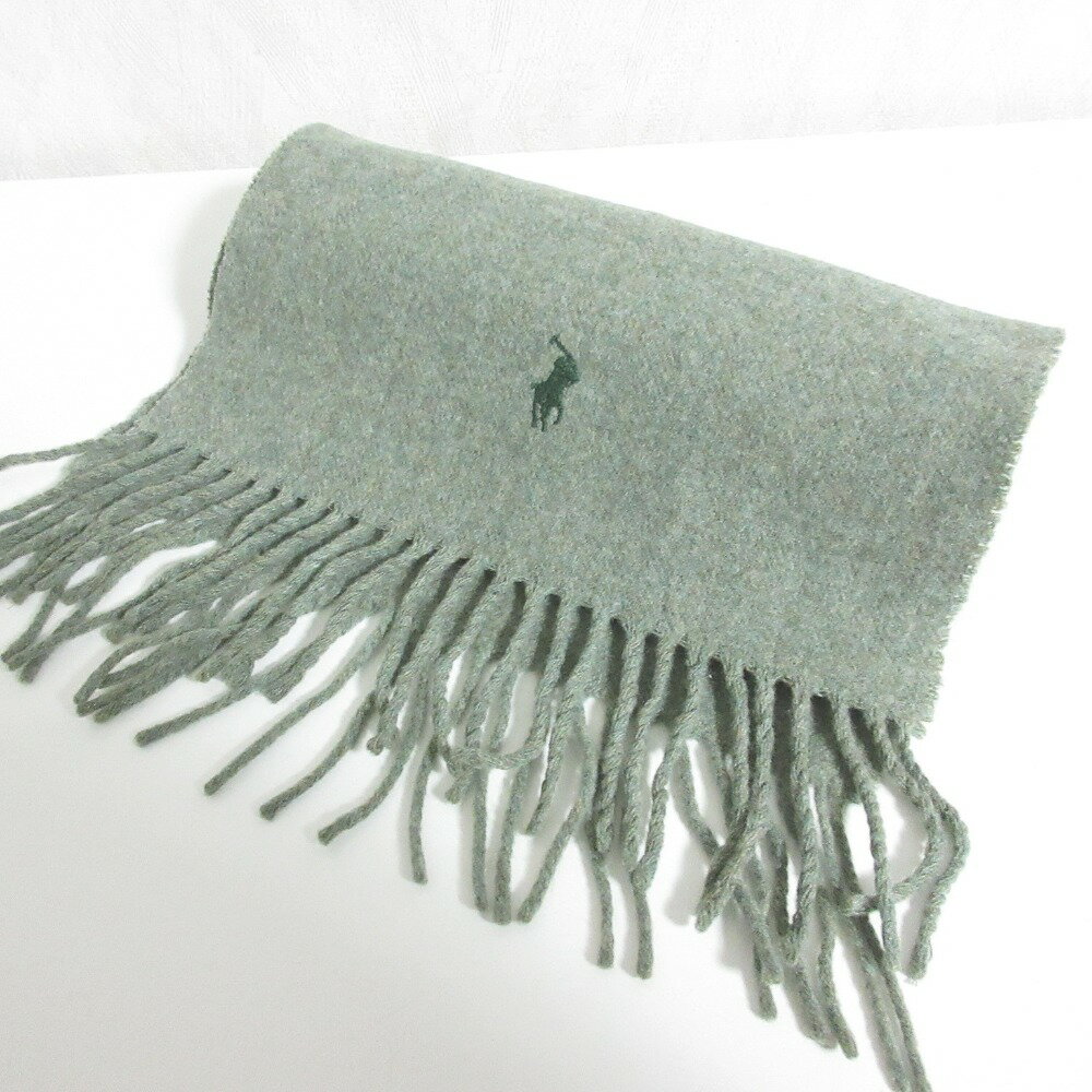 【中古】 美品 POLO RALPH LAUREN ポロラルフローレン イタリア製 ロゴ刺繍 ウール フリンジ マフラー グリーン レディース Luxs ブランド古着のリュクス
