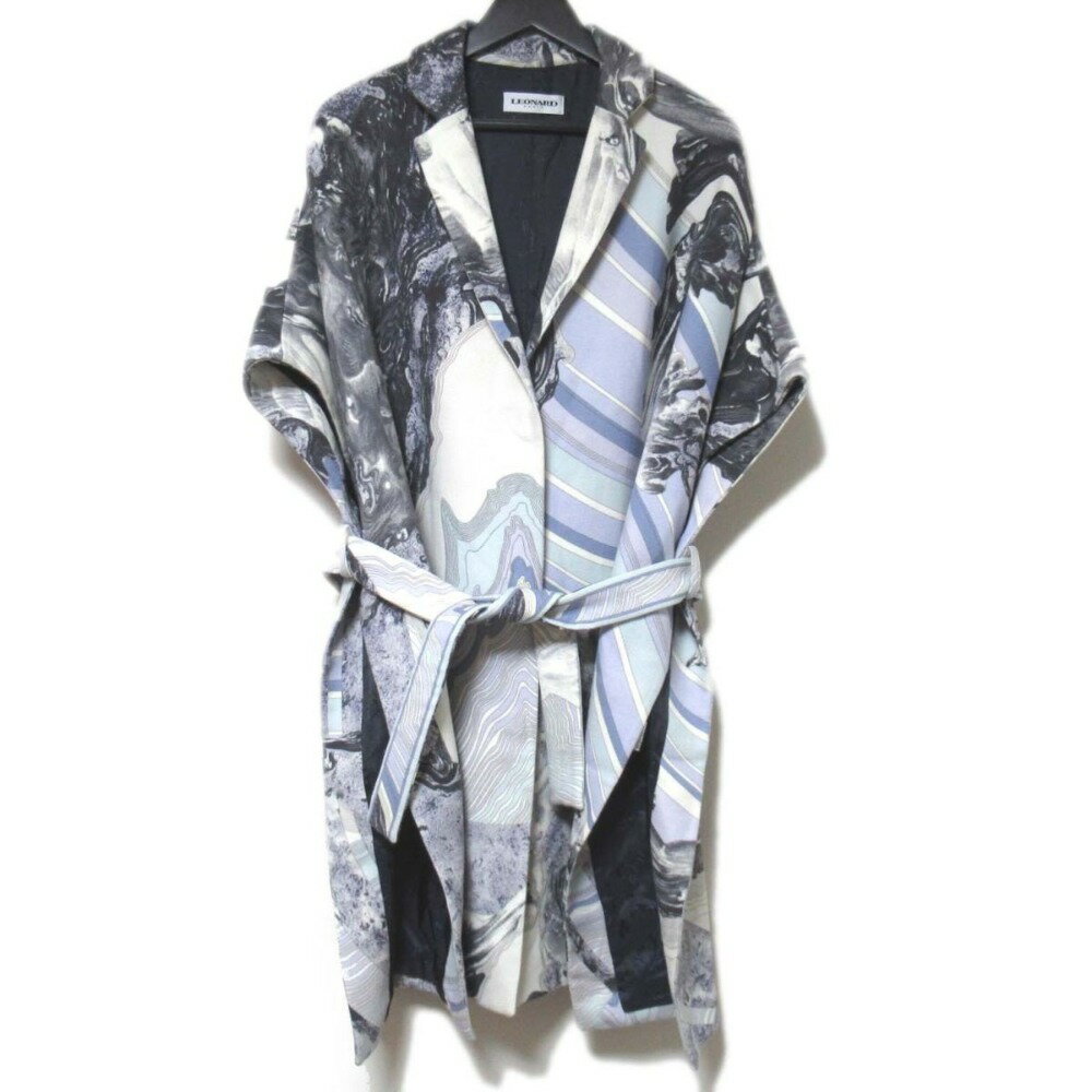 【中古】 美品 LEONARD レオナール マーブル柄 総柄 ベルテッド ウール ポンチョ コート ワンサイズ ライトブルー系 レディース Luxs ブランド古着のリュクス