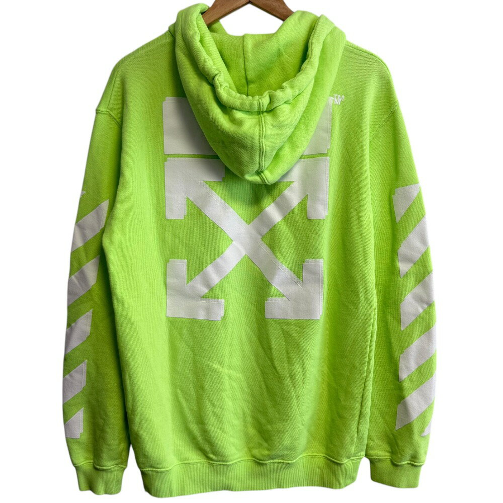 【中古】 良品 Off-White オフホワイト アロープリント プルオーバー スウェットパーカー オーバーサイズ M ライムグリーン メンズ Luxs ブランド古着のリュクス