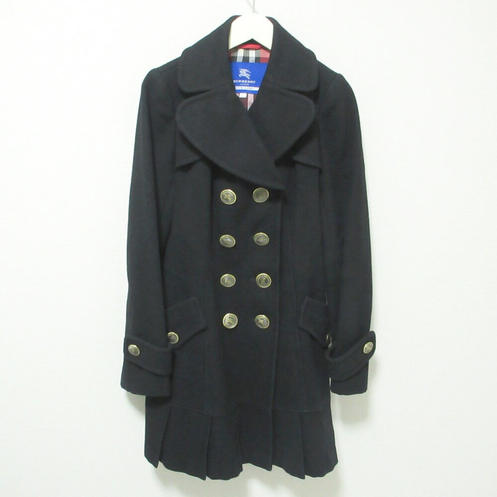 【中古】 良品 BURBERRY BLUE LABEL バーバリーブルーレーベル 裏地ノバチェック柄 ウールメルトン 裾プリーツ ダブル Pコート 38 ブラック レディース Luxs ブランド古着のリュクス