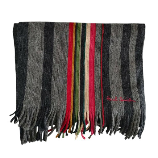 【中古】 美品 Paul Smith ポールスミス ウール ロゴ刺繍 マルチストライプ柄 フリンジ マフラー ストール グレー メンズ レディース Luxs ブランド古着のリュクス 【中古】 美品 Paul Smith ポールスミス ウール ロゴ刺繍 マルチストライプ柄 フリンジ マフラー ストール グレー メンズ レディース Luxs ブランド古着のリュクス