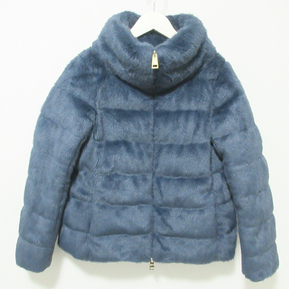 【中古】 美品 22AW Herno ヘルノ FAUX FUR DOWN JACKET エコファー ショートダウンジャケット ブルゾン PI1166D サイズ40 ネイビー レディース Luxs ブランド古着のリュクス