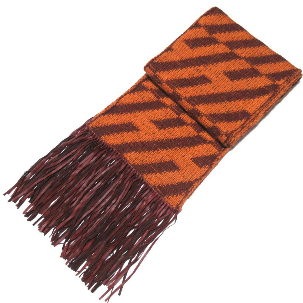 【中古】 美品 HERMES エルメス ラムレザーフリンジ カシミヤ100% ニット ロングマフラー オレンジ×ブラウン レディース Luxs ブランド古着のリュクス