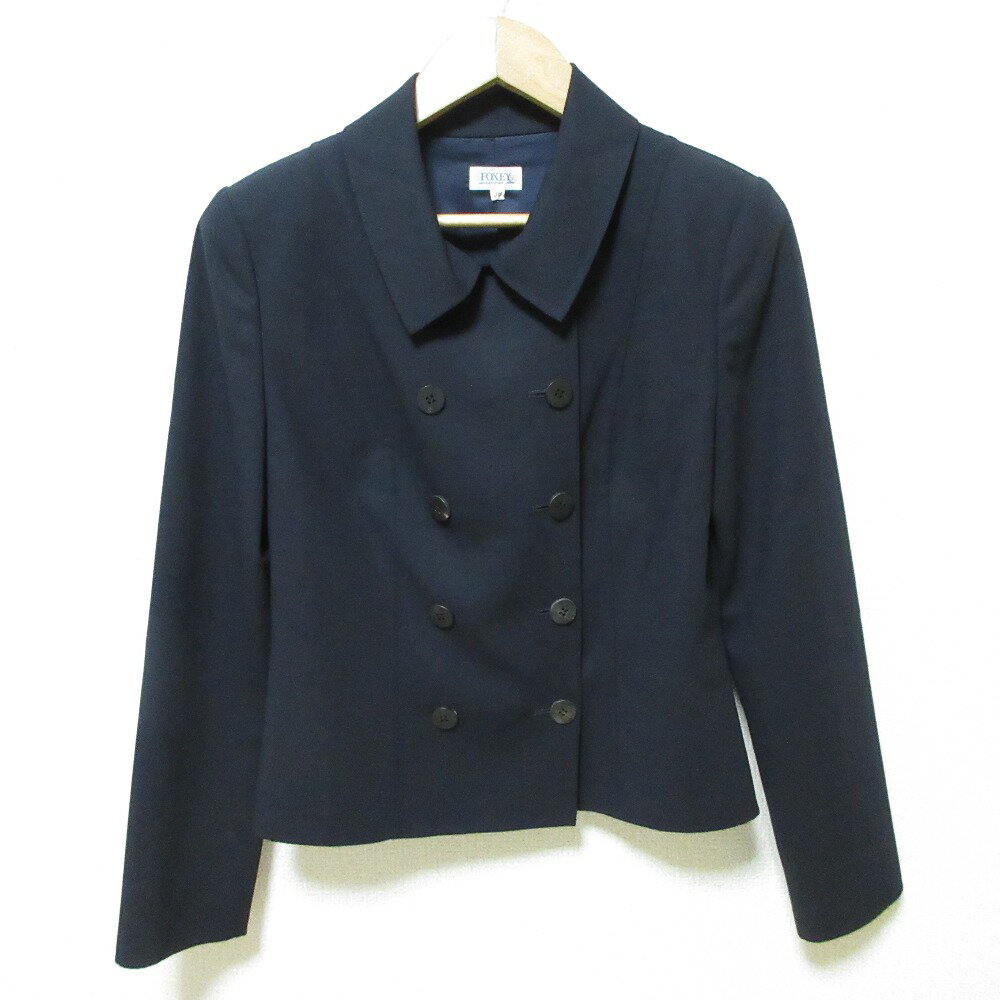 【中古】良品 FOXEY フォクシー ストレッチ ダブルジャケット スカート スーツ セットアップ 38 ネイビー レディース Luxs ブランド古着のリュクス