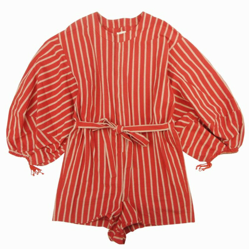 【中古】新品同様 20ss jonnlynx ジョンリンクス ストライプ オールインワン ジャンプスーツ ショート ボリュームスリーブ リネン混 M 赤 レッド レディース Luxs ブランド古着のリュクス