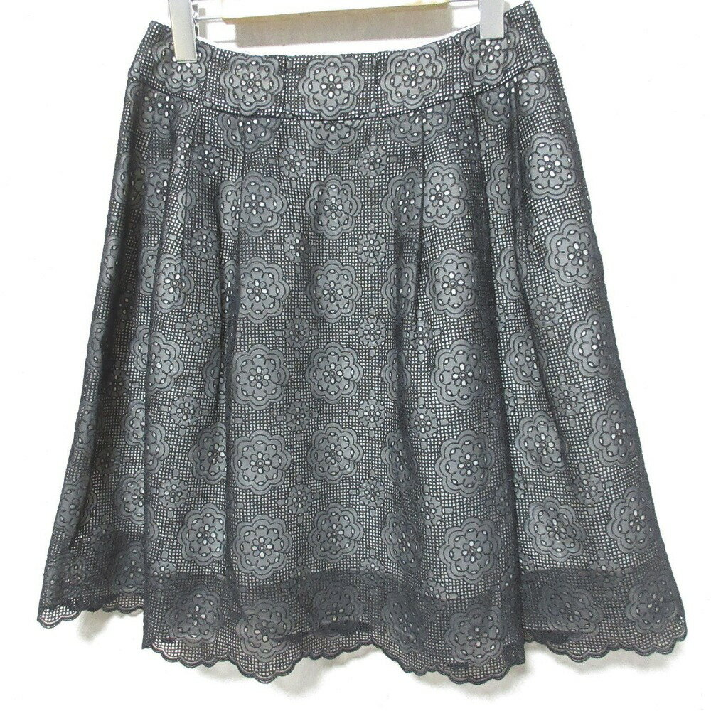 【中古】美品 Rene ルネ エンブロイダリー フラワーレース ひざ丈 フレアスカート 38 ブラック レディース Luxs ブランド古着のリュクス