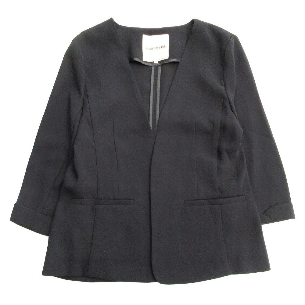 【中古】美品 Apuweiser-riche アプワイザーリッシェ ノーカラー ジャケット ブレザー ボタンレス 七分袖 ビジネス セレモニー SIZE2 黒 レディース Luxs ブランド古着のリュクス