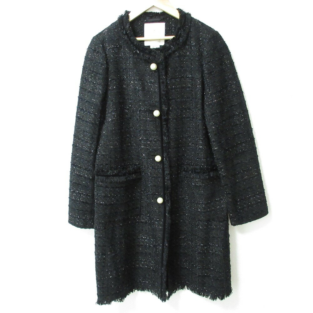 【中古】美品 kate spade ケイトスペード パールボタン ノーカラー フリンジ ロング丈 ツイードジャケット コート 0 ブラック レディース Luxs ブランド古着のリュクス