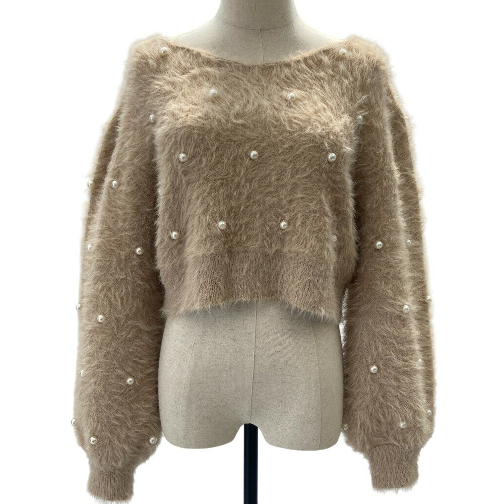 【中古】未使用 AND COUTURE アンドクチュール 長袖 クロップド丈 パール シャギーニットセーター サイズ38 ベージュ レディース Luxs ブランド古着のリュクス