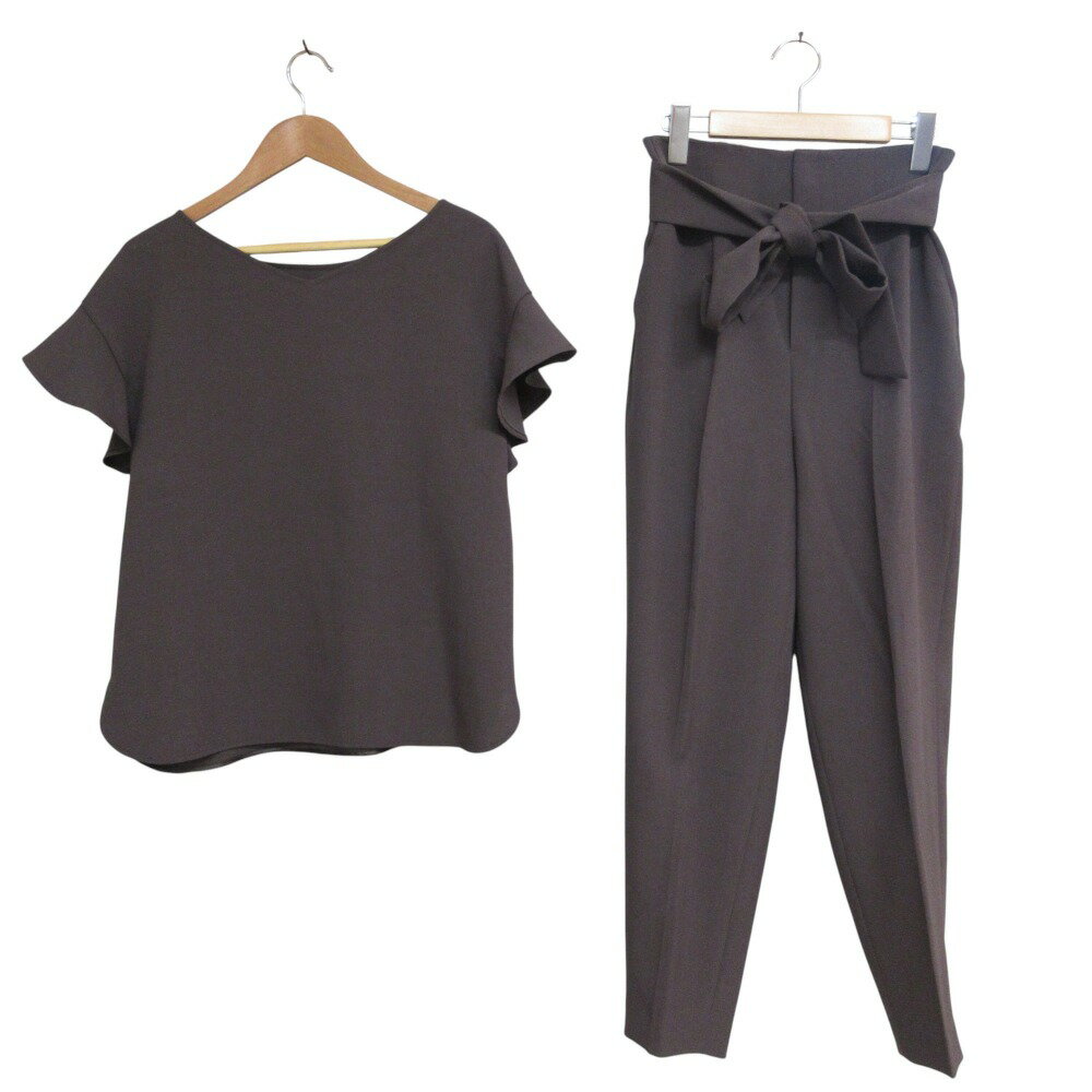 【中古】美品 23SS TIARA ティアラ 麻調 袖フリル ブラウス ハイウエスト リボン テーパードパンツ セ..