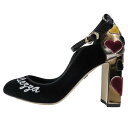 【中古】未使用 DOLCE&GABBANA ドルチェ&ガッバーナ ベロア パンプス アンクルストラップ ハートモチーフ 刺繍 37.5 ブラック ゴールド レディース Luxs ブランド古着のリュクス