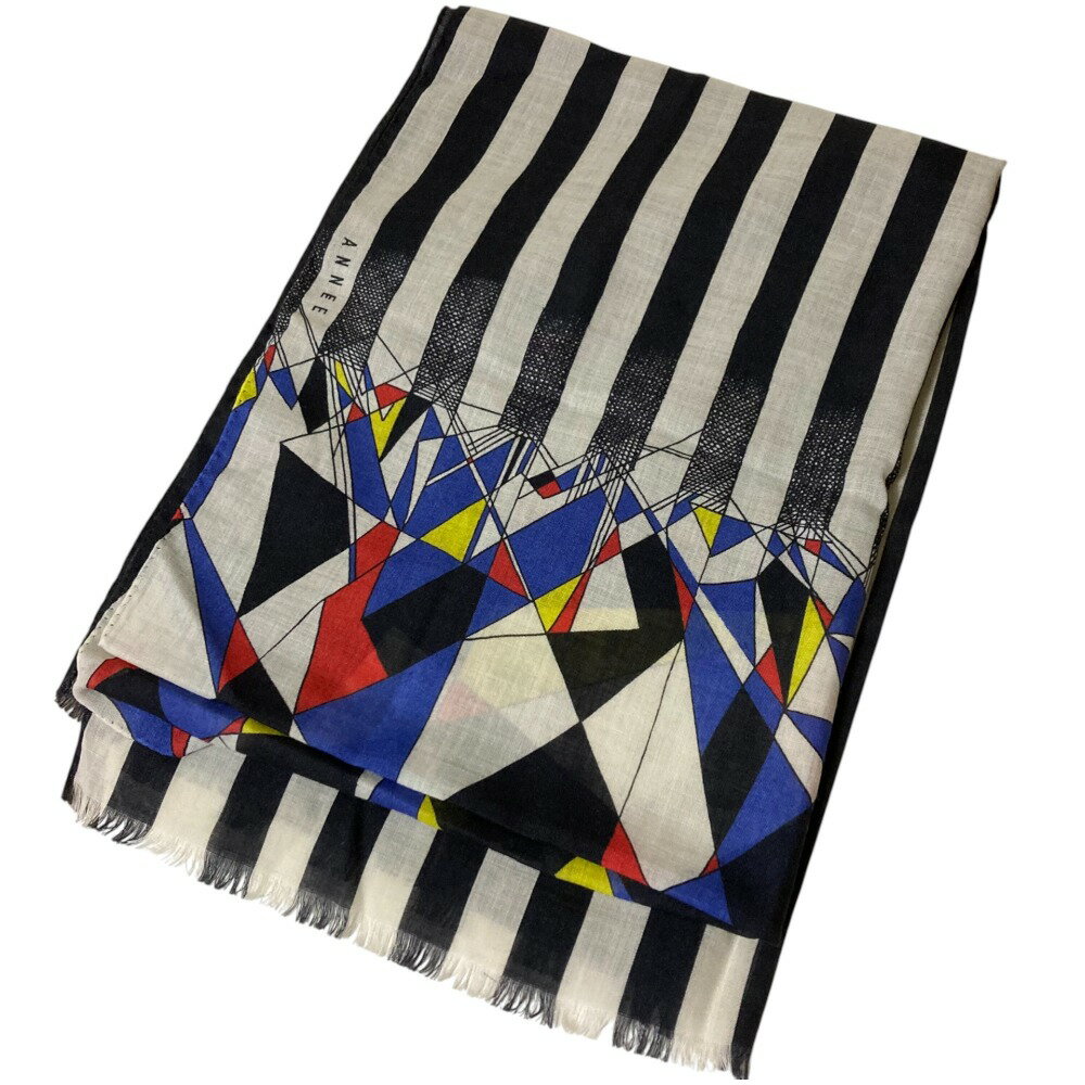 【中古】美品 ANNEE アネ ウールシルク プリント スカーフ ストール ショール ブラック系 レディース L..
