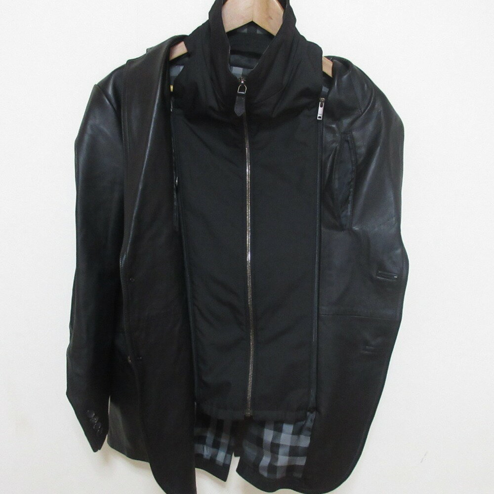 【中古】良品 BURBERRY LONDON バーバリーロンドン レイヤード風 レザーシングルジャケット 38 ブラック メンズ Luxs ブランド古着のリュクス