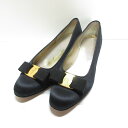 【中古】 Salvatore Ferragamo サルヴァトーレフェラガモ ヴァラ リボン サテン ローヒール パンプス 7 C 24.5cm ブラック レディ...