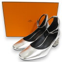 【中古】新品同様 23SS HERMES エルメス ガーリー60 シェーヌダンクル アンクルストラップ チャンキーヒール パンプス 35 約22cm シルバーカ...