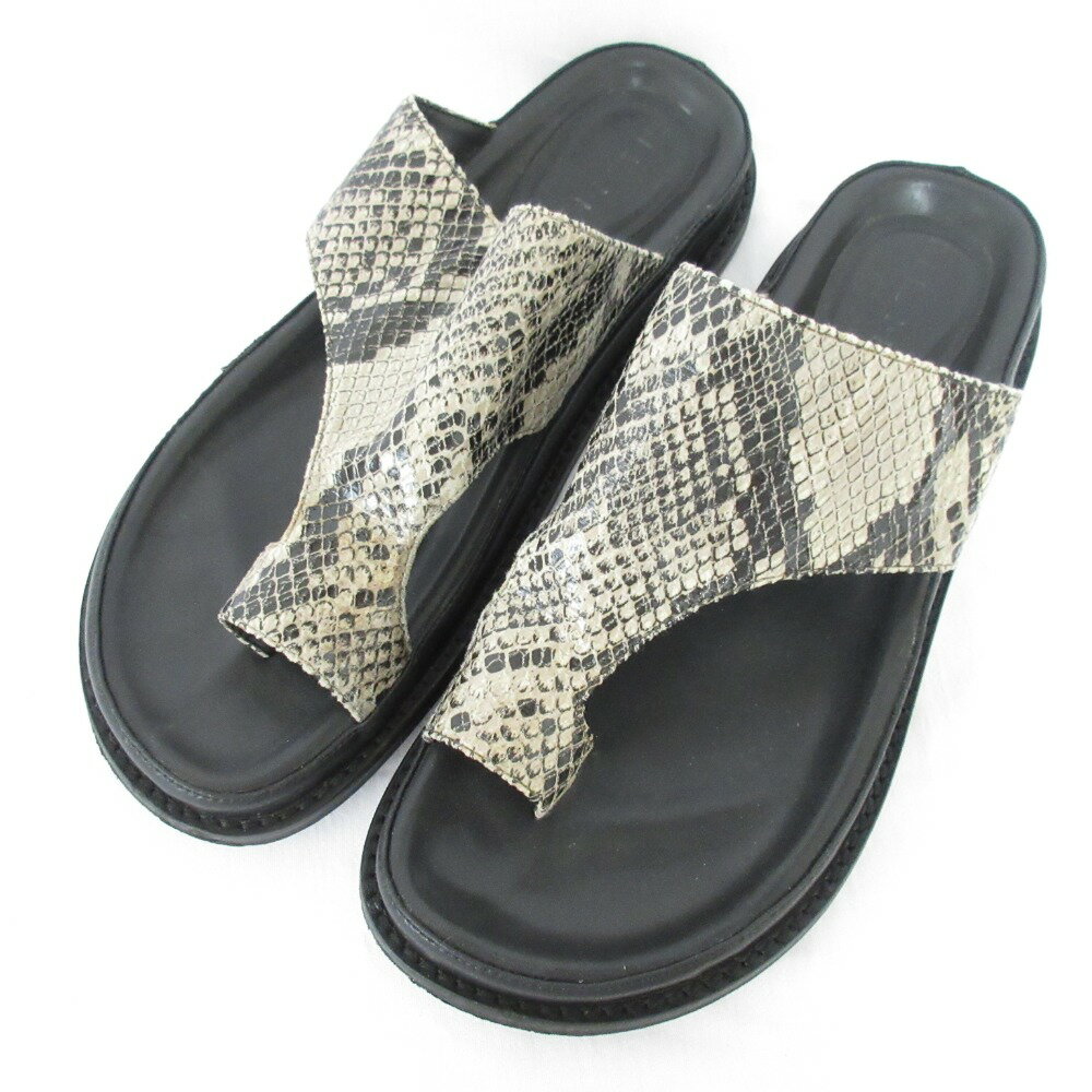 【中古】良品 MOHI モヒ レザー パイソン柄 フラット サムループ トングサンダル サイズ38 約24cm ベー..