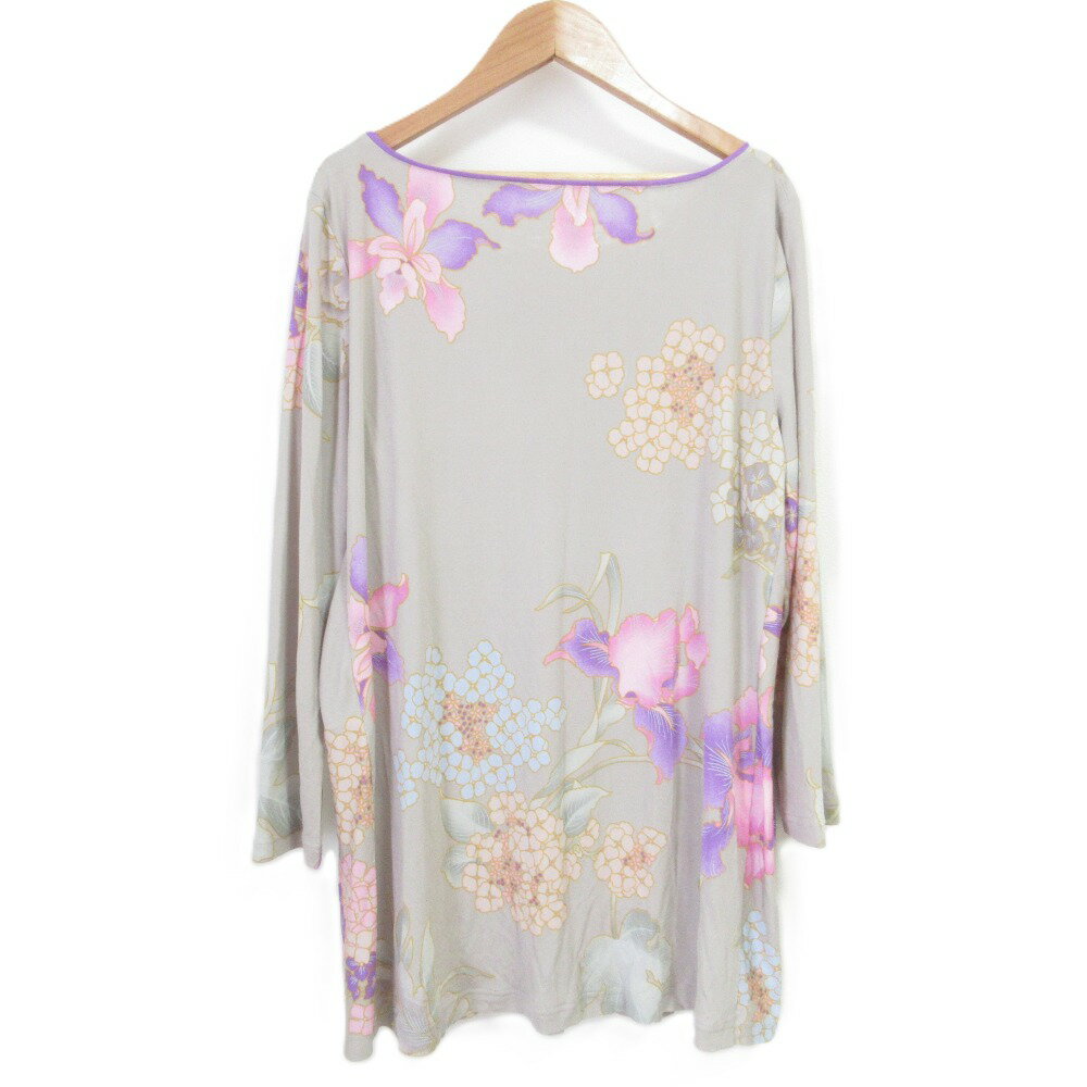 【中古】美品 LEONARD PARIS レオナールパリ フラワープリント ストレッチ 長袖 Vネック シルクチュニック ブラウス サイズ44 グレー レディース Luxs ブランド古着のリュクス