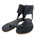 【中古】美品 CHANEL シャネル ココマーク バックレースアップ グリッター フラット サンダル サイズ37 23.5cm相当 ブラック レディース Luxs ブランド古着のリュクス