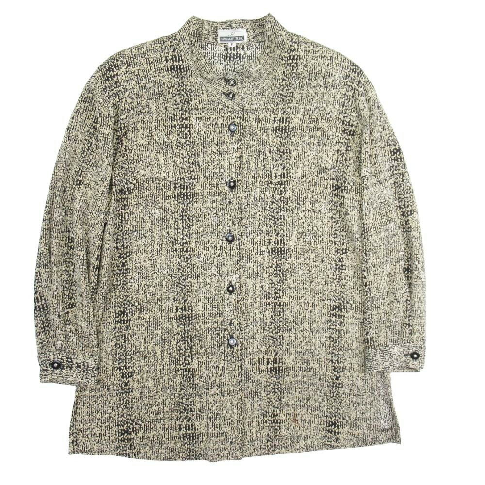 【中古】新品同様 MADAM RITSUKO マダムリツコ 総柄 ちりめん風素材 シャツジャケット 長袖 ブラウス カットソー F ベージュ×黒 レディース Luxs ブランド古着のリュクス