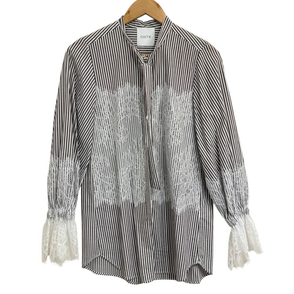【中古】美品 23AW CO/TE コート ストライプ柄 長袖 ペチコート付き ボウタイブラウス 36 ホワイト×ブ..