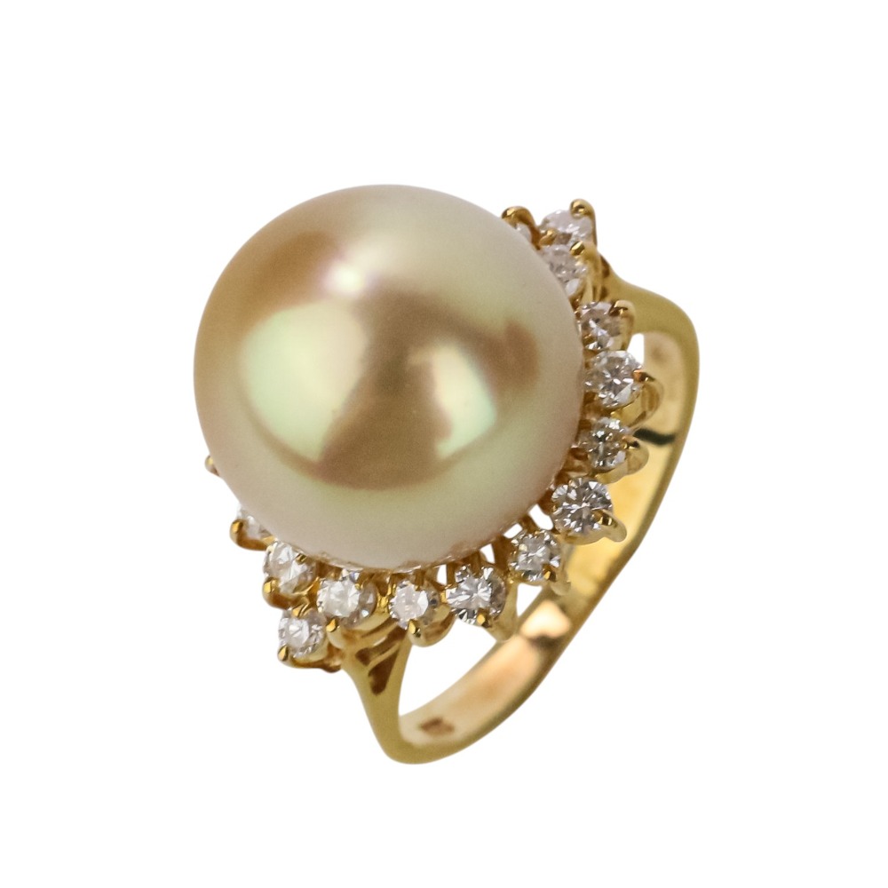 【中古】美品 12.5mm ゴールデンパール ダイヤモンド 0.55ct K18YG リング 5号 指輪 イエローゴールド レディース Luxs ブランド古着のリュクス