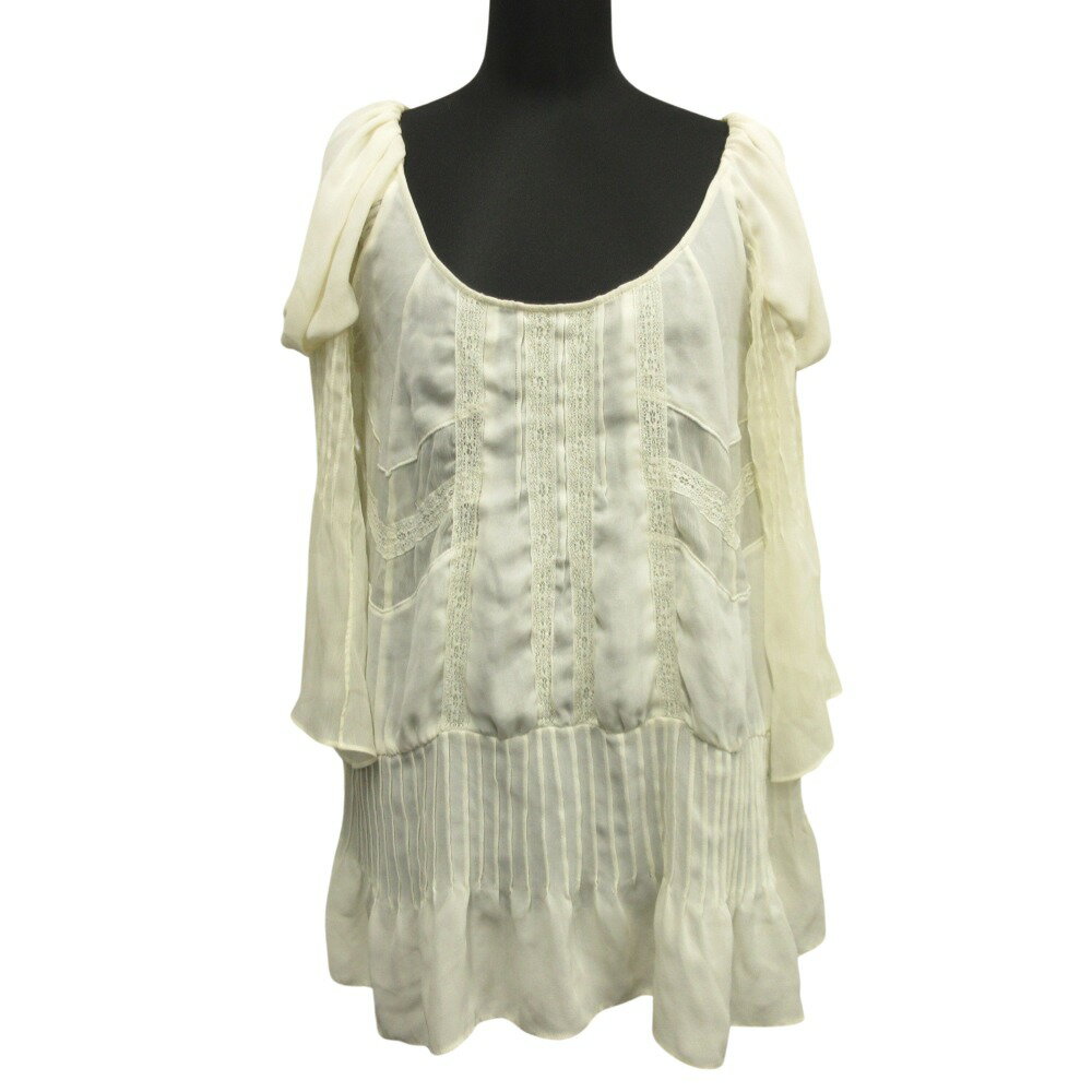 【中古】新品同様 ZARA ザラ シフォン チュニック カットソー シアー シャツ シースルー 七分丈 M ライトベージュ レディース レディー..