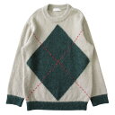 【中古】美品 WRAPINKNOT ラッピンノット アーガイル ダイヤ モヘヤ ニット セーター カットソー 長袖 サイズ2 グレージュ系/グリーン メンズ L...