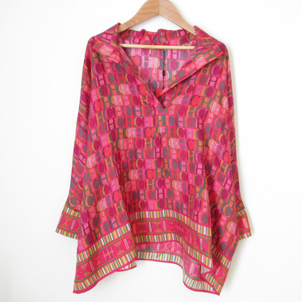 【中古】未使用 CAROLINA HERRERA キャロライナヘレラ エスニック ロゴプリント シルクブラウス L マルチカラー レディース Luxs ブランド古着のリュクス(4)