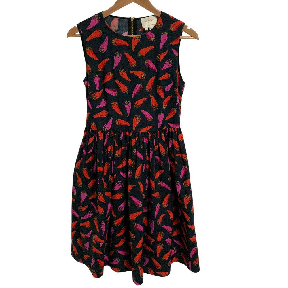 【中古】良品 kate spade ケイトスペード 唐辛子 ノースリーブワンピース 4サイズ Mサイズ相当 ブラッ..