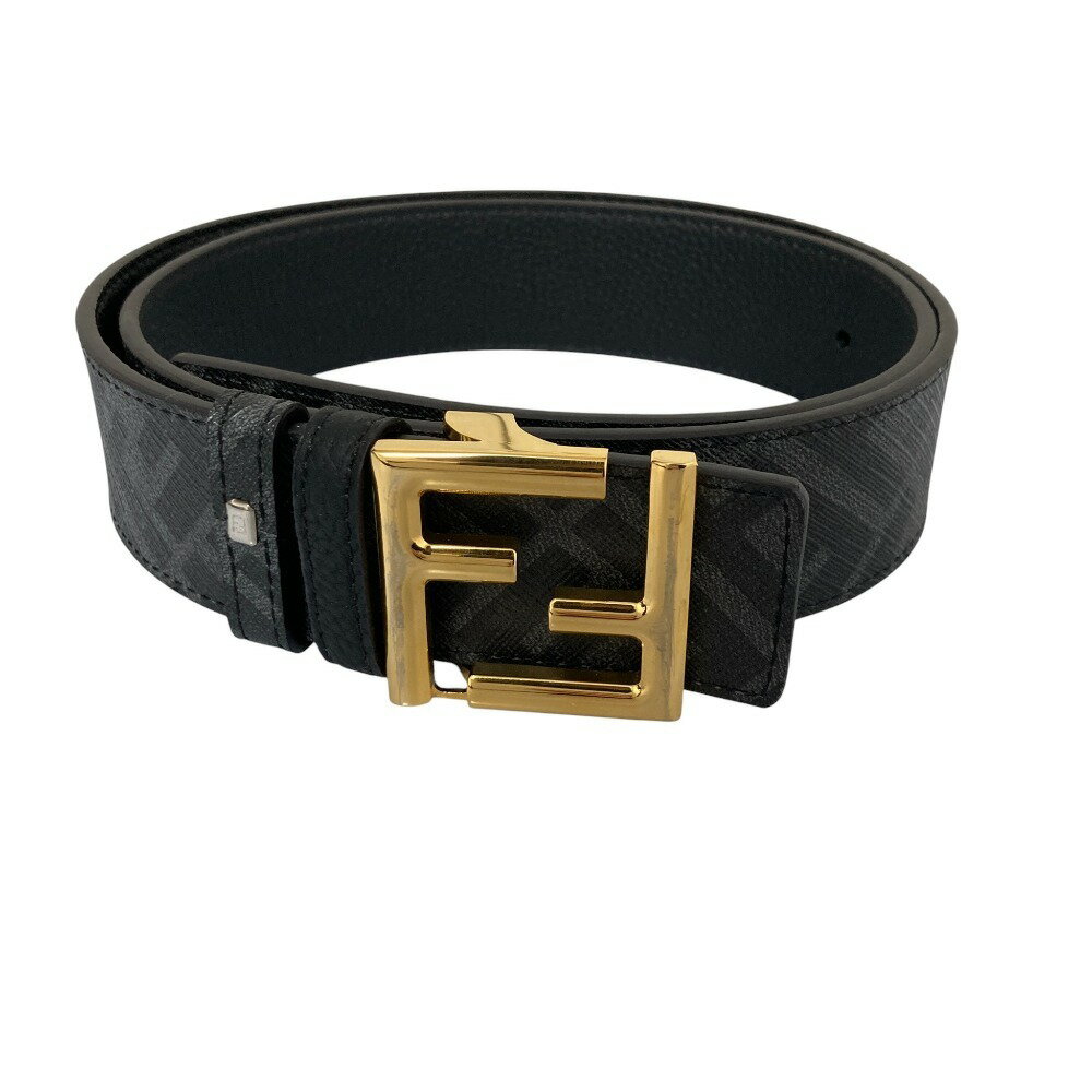 【中古】美品 FENDI フェンディ FFバックル ズッカ柄 リバーシブルレザーベルト 90/36 ゴールドカラー金具 ブラック グレー メンズ Luxs ブランド古着のリュクス