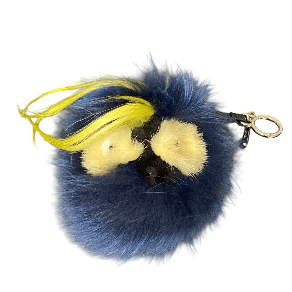 【中古】美品 FENDI フェンディ バッグバグズ ファー モンスター キーホルダー バッグチャーム ネイビ..