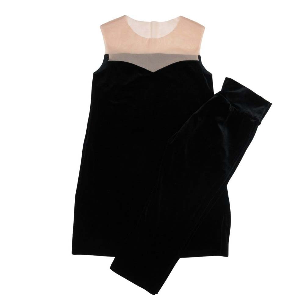 【中古】美品 Daisy Lin デイジーリン ベロア セットアップ ノースリーブ チュール チュニック レギンス パンツ 40 ブラック ベージュ レディース Luxs ブランド古着のリュクス(4.0)