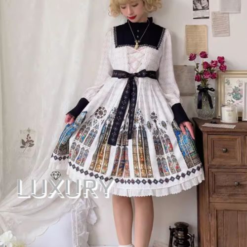 ロリータファッション ワンピース + 付け襟 + ウエストベルト付き 彩色 ステンドグラス風 ゴシック ク..