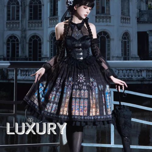 ロリータファッション ゴシック ジャンパースカート のみ 刺繍 膝丈 ひざ丈 ミディアム ホルターネック クラシカル 妖艶 華やか レディースファッション お茶会 撮影