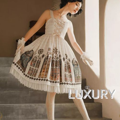 ロリータファッション ジャンパースカート + 付け襟 + ウエストベルト付き 彩色 ステンドグラス風 ゴシ..