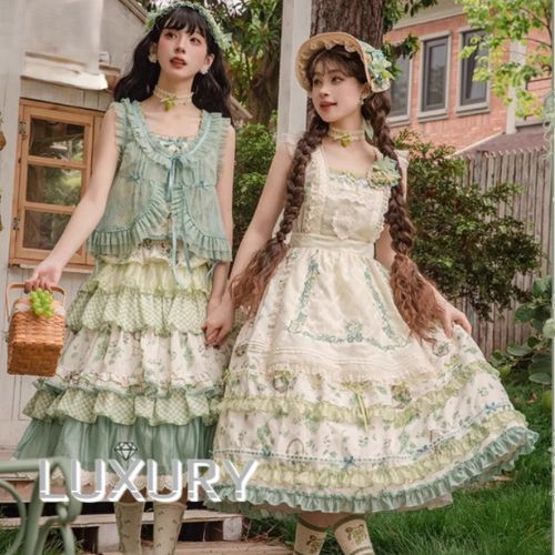 ロリータファッション ジャンパースカート のみ フリル ひざ下丈 ミモレ丈 フルーツ ぶどう スクエアネック レトロ 森ガール お嬢様 ガーリー 上品 夏コーデ お茶会 パーティー