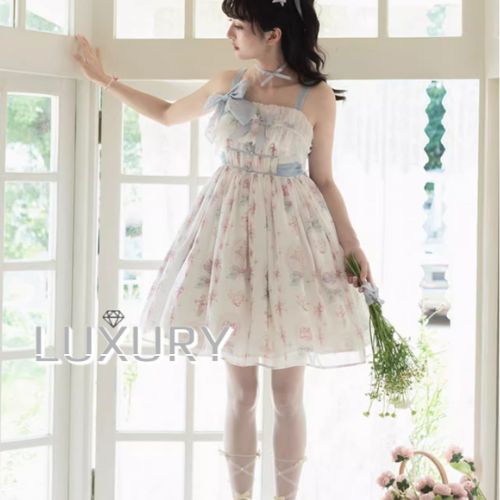 甘ロリ ジャンパースカート のみ プリント りぼん フリル レース ミニ丈 ショート丈 膝上 お嬢様 ナチュラル ガーリー 夏コーデ お散歩 デイリー 甘ロリ ジャンパースカート のみ プリント りぼん フリル レース ミニ丈 ショート丈 膝上 お嬢様 ナチュラル ガーリー 夏コーデ お散歩 デイリー