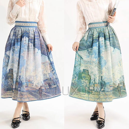 【納期60日】クラシカルロリータ クラロリ スカート のみ 油画プリント ひざ下丈 ミモレ丈 レトロ エレ..