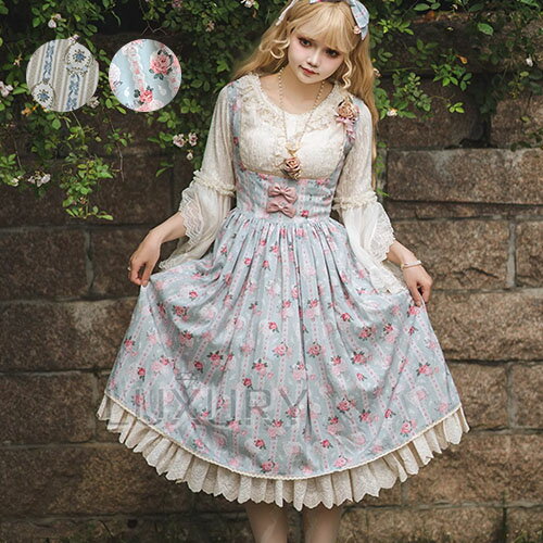 【納期40日】ロリータワンピース ジャンパースカート+リボンブローチ 2点セット エレガント クラシカル フラワーウォール 3色 花柄 お花 ひざ下丈 ミモレ丈...