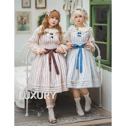 カジュアルロリータ ジャンパースカート のみ ストライプ 腰リボン付き ひざ下丈 ミモレ丈 文学少女 ナチュラル 上品 清楚 春秋コーデ お茶会 普段着 普段使い デイリー カジュアルロリータ ジャンパースカート のみ ストライプ 腰リボン付き ひざ下丈 ミモレ丈 文学少女 ナチュラル 上品 清楚 春秋コーデ お茶会 普段着 普段使い デイリー