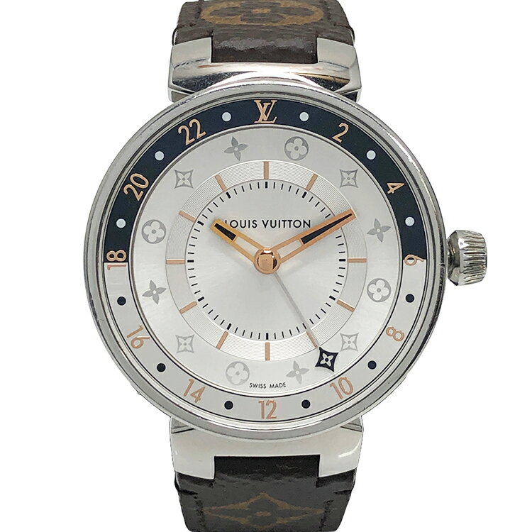 LOUISVUITTON ルイヴィトン タンブール ムーンデュアルタイム GMT 34mm 【QA104Z】 腕時計 クォーツ レディースウォッチ モノグラム ステンレススチール 中古品 本物 送料込み 送料無料!!