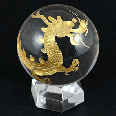  四神彫刻  水晶丸玉 20mm玉 青龍 金彫り 四神相応 パワーストーン