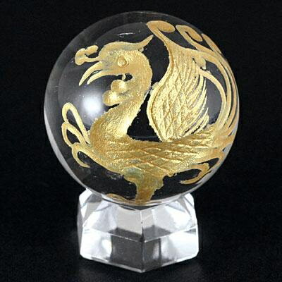  四神彫刻丸玉 水晶 20mm玉 朱雀 金彫 四神相応 パワーストーン