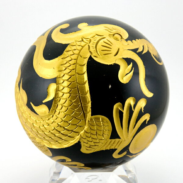 彫刻置物 オブシディアン約100mm 五爪龍 四神獣(金彫り) 置物 台付