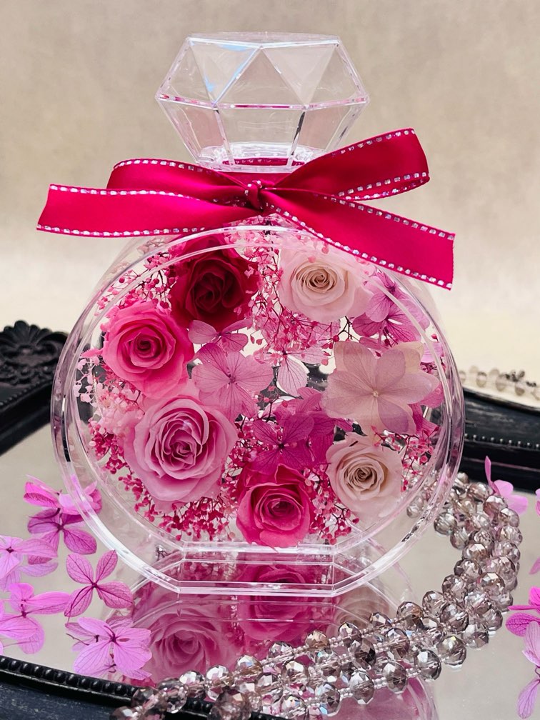 【プリザーブドフラワー】香水瓶　丸　ギフト プレゼント　お祝い　お誕生日　結婚祝い　母の日　お礼　退職祝 い　 敬老の日　ピンク　スーパー SALE半額のサムネイル